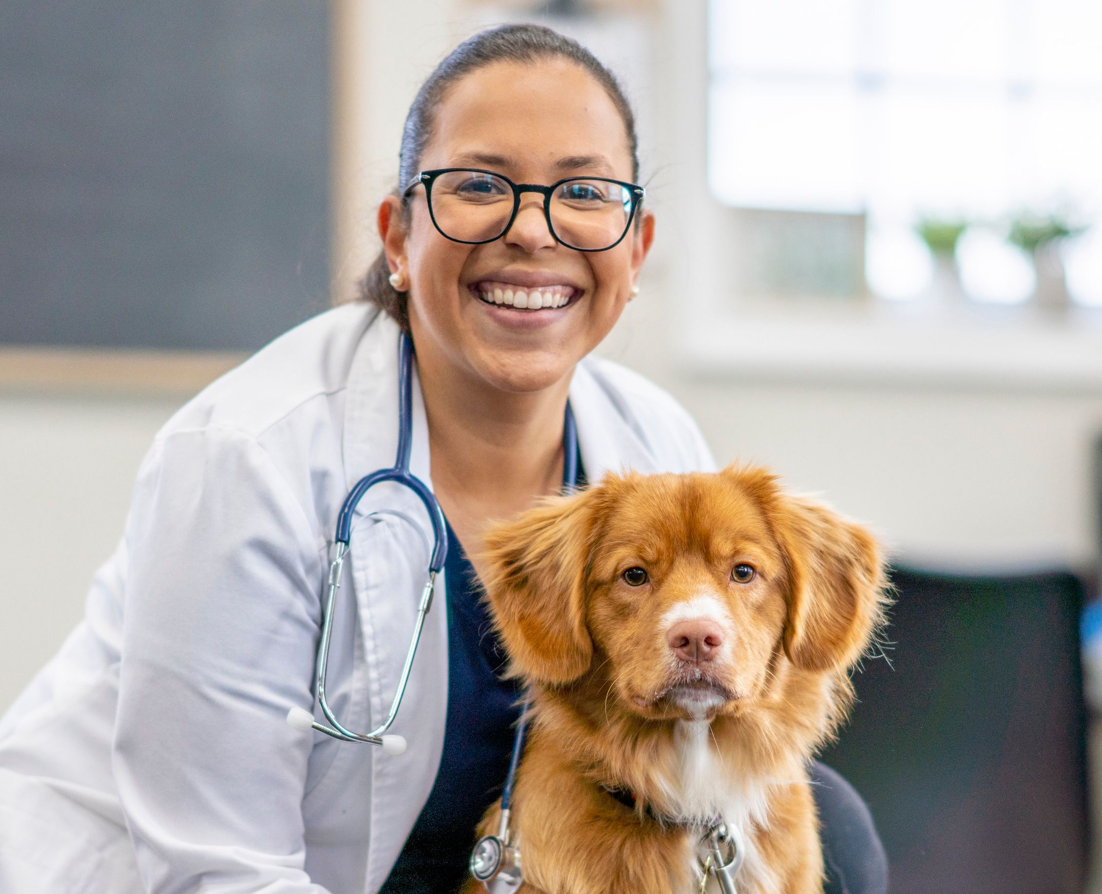 Vet doctor wearing glasses has a stethoscope around her, she is smiling while posing with a dog that has a leash around its neck.
