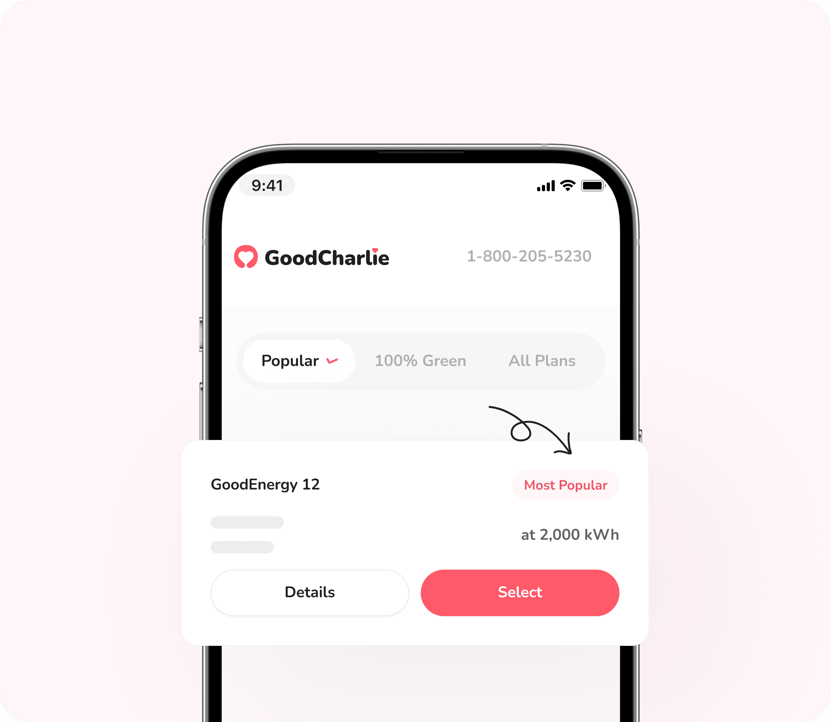 A phone mockup of fixed low rate plans from GoodCharlie dashboard. The background is light red.