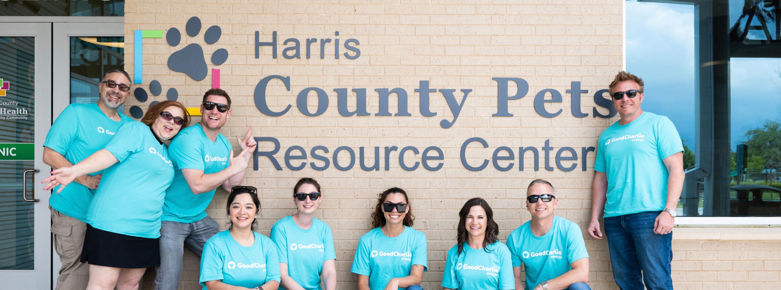The GoodCharlie team pose for a photo in front of Harris County Pets Resource Center.