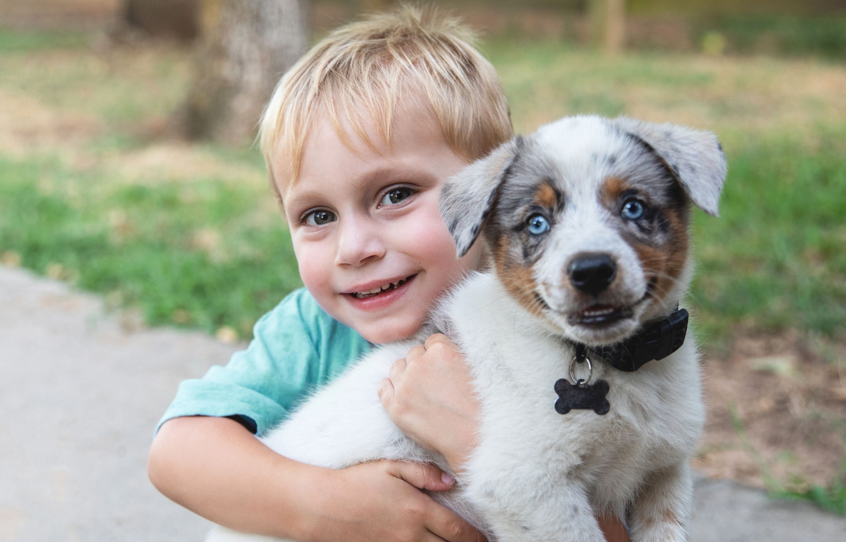 A little boy smiling while carrying a puppy.