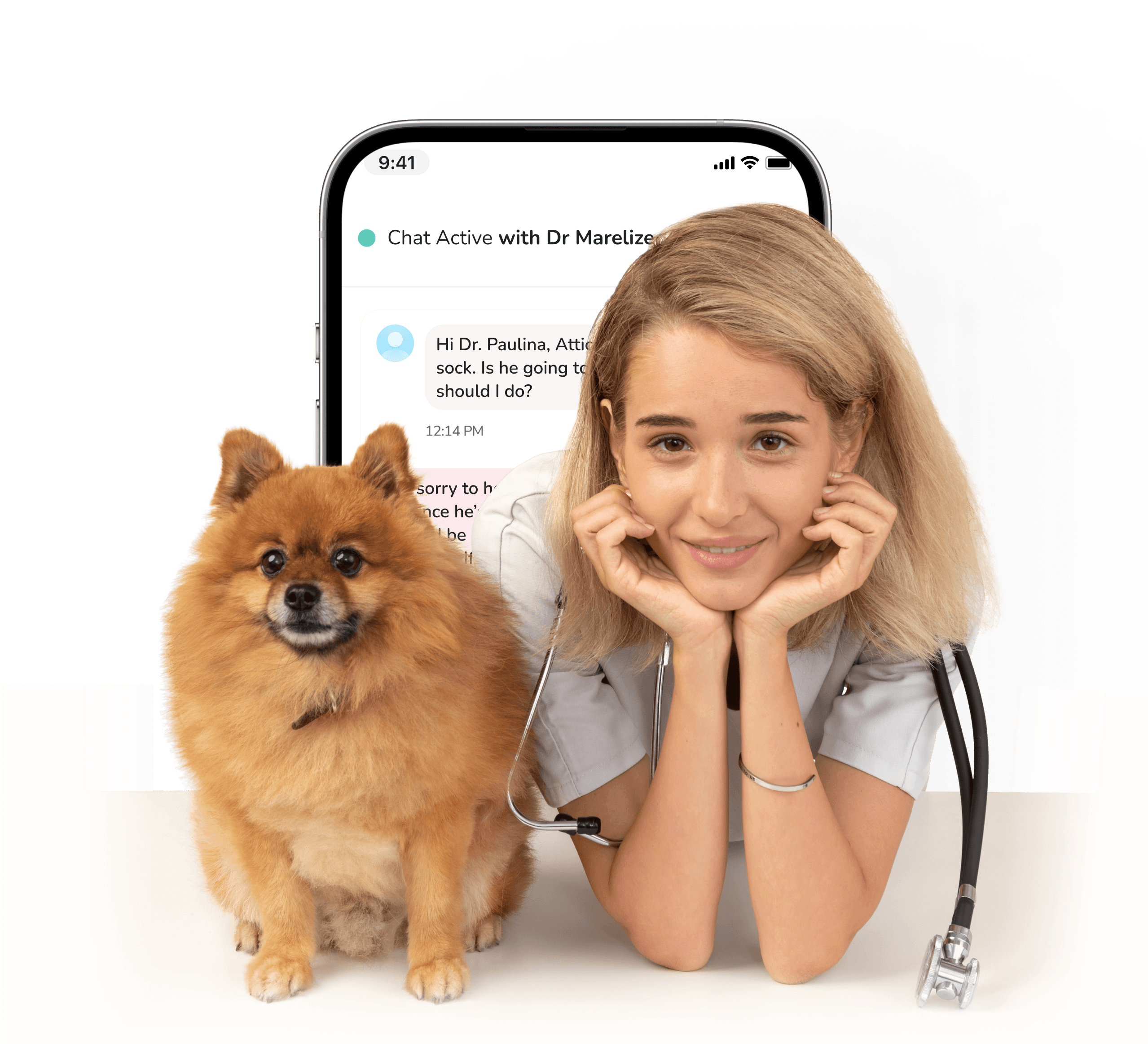 A vet doctor has both hands on her chin and resting her arms on a surface. There is a dog beside her and a chat screen from a mobile app behind them.